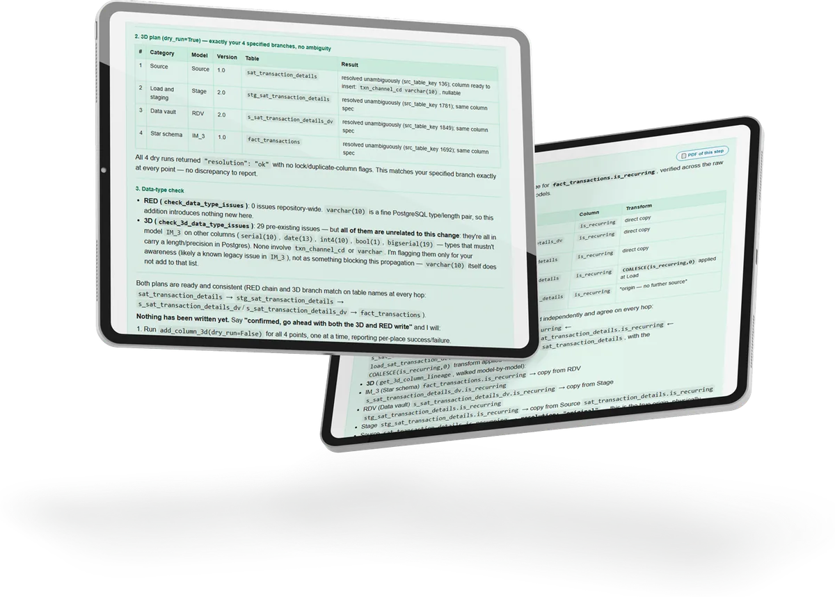 The UD4D AI Accelerator on two tablets: a dry-run plan across Source, Stage, Data Vault and star schema, and the column-level lineage behind it